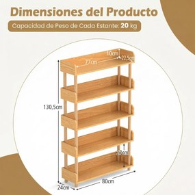 Estante de madeira 80 x 24 x 130,5 cm com 5 níveis, postes em pinho, corrimões altos, prateleiras abertas, para livros e plantas, para sala de estar o