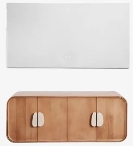 Conjunto De Móvel De Casa De Banho Dupla Suspensa 130x45 Cm Em Madeira De Manga E Pedra Natural Kivalina Sem Lavatório & Sem Torneira & Retangular Led