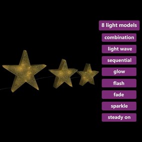 Estrelas de Natal com luzes LED 3 pcs ext./int. arame dourado