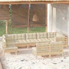 vidaXL 9 pcs conjunto lounge jardim c/ almofadões creme pinho maciço