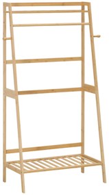 Suporte para Cabides de Bambu com 2 Prateleiras Abertas Barra e Ganchos Laterais para Roupa Bolsas 82x36,8x140cm Madeira