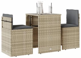 3 pcs conjunto bistrô com almofadões vime PE cinzento claro