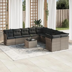 11 pcs conjunto sofás de jardim c/ almofadões vime PE cinzento