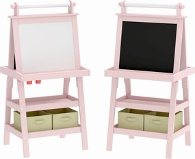 AIYAPLAY Cavalete de Pintura Infantil 3 em 1 Quadro Dupla Face com Rolo de Papel e Cestos de Arrumação Rosa | Aosom Portugal