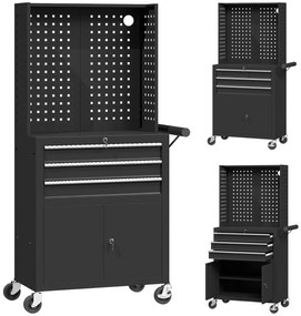Carrinho de Ferramentas com 3 Gavetas e Painel de Perfurado Fechadura com Chave Prateleira Ajustável 2 Rodas com Travão de Bloqueio 69x33x133 cm Preto