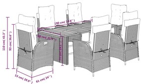 7 pcs conjunto de jantar p/ jardim c/ almofadões vime PE cinza