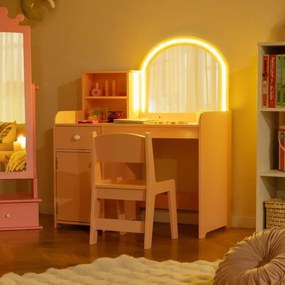 Conjunto de toucador e cadeira para crianças a partir dos 3 anos com prateleiras, gaveta, armário, luzes LED de 2 cores, espelho acrílico