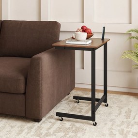 Mesa auxiliar em forma de C com rodas 60 x 39,5 x 66 cm, ranhura para telefone integrada, base baixa para poupar espaço, para sala e quarto, Castanho
