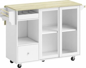 Ilha de Cozinha 132,2x74,7x90 cm com Tampo Rebatível Rodas Garrafeira e Portas de Correr em Vidro branco e cor carvalho