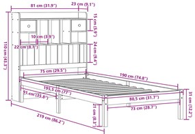 Cama com estante sem colchão 75x190 cm pinho maciço branco