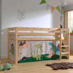 Cama alta de Criança PINO 90 x 200 cm + estrado + escada + cortina Dinossauro Natural