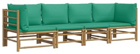 4 pcs conjunto lounge de jardim bambu c/ almofadões verdes