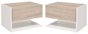 HOMCOM Conjunto de 2 Mesas de Cabeceira Flutuantes Mesas de Cabeceira Suspensas com 1 Gaveta e Prateleira Aberta para Dormitório 46x30x30 cm Carvalho e Branco