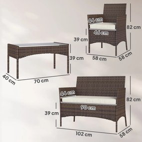 Conjunto de Jardim em Vime com Almofadas Móveis de Exterior com 2 Poltronas Sofá de 2 Lugares Mesa com Vidro Castanho e Bege