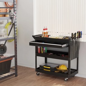 Carrinho de oficina com 3 prateleiras, gaveta, suporte lateral para ferramentas e pega, 82 x 35 x 76 cm, preto