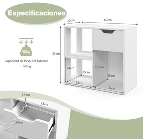 Estante de 3 cubos com gaveta 2 níveis Estante de arrumação independente para escritório, sala de estar, quarto, branco
