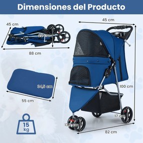 Carrinho dobrável para animais de estimação, leve, com capota ajustável, almofada lavável, cesto de armazenamento e porta-copos, 3 rodas, até 15 kg Az
