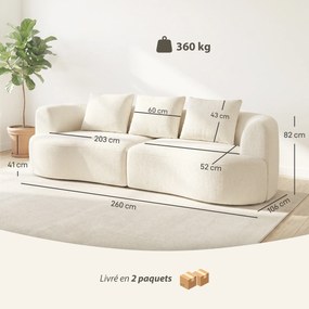 Sofá de 3 Lugares, 260 x 106 x 82 cm, Assento Largo, Creme