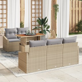 vidaXL Conjunto de Jantar de Jardim de 6 Peças com Almofadas Bege Rattan Polipropileno Acácia