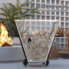 Suporte para Lenha Metálico Lenheiro de Exterior com Rodas e Gancho para Interior e Exterior Carga 50 kg 79x30x81 cm Preto