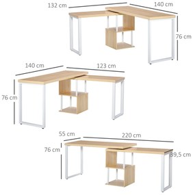 HOMCOM Secretária em forma de L Mesa giratória de 360º para computador várias formas com prateleira de 2 níveis em S Grande espaço de armazenamento 220x55x76 cm Carvalho