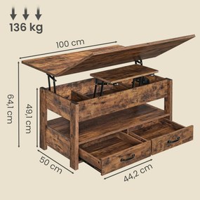 Mesa de centro, mesa de sala de estar 50 x 100 x 49,1 cm/64,1 cm castanho vintage