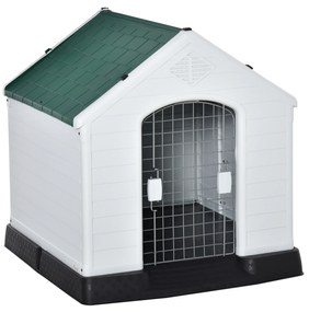 PawHut Casota de Cães Medianos com Porta Metálica Fechadura Teto Inclinado e Base Elevada para Interior e Exterior 78x87x81cm Branco e Verde