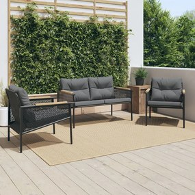 vidaXL 3 pcs conjunto mobiliário de varanda com almofadões aço preto