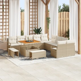 Conjunto de Sofá de Jardim vidaXL 13 Peças com Almofadas Bege Rattan Poly Acácia