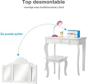 Conjunto de Toucador para Crianças com Espelho Dobrável Banco em 3 Partes e Gaveta 70 x 34 x 104 cm Branco