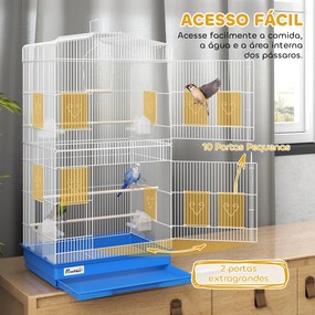 Gaiola para Pássaros Gaiola Metálica com 4 Tigelas de Comida 3 Poleiros Baloiço e Bandeja Removível Pega 46,5x35,5x92 cm Azul