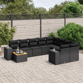 10 pcs conjunto sofás de jardim c/ almofadões vime PE preto
