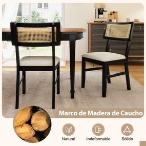 Conjunto de 2 cadeiras de jantar em rattan para cozinha, tecido acolchoado, pernas em madeira, encosto curvo, estilo rústico, preto e bege