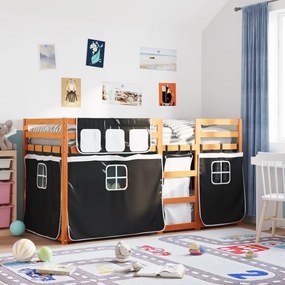 vidaXL Beliche com cortinas 90x190 cm pinho maciço branco e preto