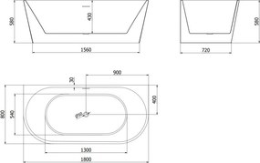Mexen Oval banheira independente encostada 180 x 80 cm, branca, transbordo preto - 52671808000-70