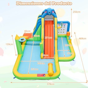 Castelo aquático insuflável grande 9 em 1 sem soprador para crianças dos 3 aos 10 anos com parede de escalada Piscina de salpicos 378 x 469 x 250 cm M