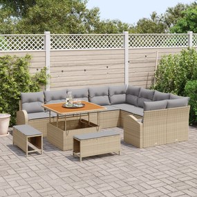 Conjunto de Sofás de Jardim de 12 Peças com Almofadas Bege de Rattan P