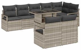 Conjunto de Sofá de Jardim de 9 Peças com Almofadas Cinza Claro Rattan