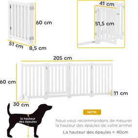 Barreira de Segurança para Cães Dobrável, 205 x 30 x 60 cm, 4 Painéis com Porta, Branco