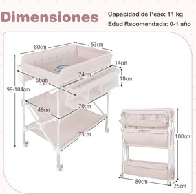 Mesa para trocar fraldas portátil dobrável com rodas impermeável altura ajustável e caixote do lixo para bebés rosa claro
