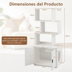 Móvel de caixa areira oculta para gatos com 3 prateleiras abertas, entrada lateral e portas 60 x 45,5 x 142 cm Branco