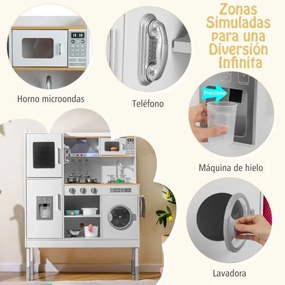 Cozinha brincar de madeira 83 x 29 x 103 cm para crianças a partir dos 3 anos com exaustor, máquina de gelo, telefone, 16 acessórios, sons e luzes rea