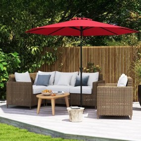 Guarda-sol 303 cm com mecanismo de inclinação de 25° e manivela, 8 varetas reforçadas para terraço, sem base, vermelho cor vinho