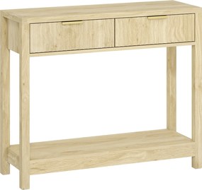 HOMCOM Móvel consola 90 cm, mesa consola estreita com 2 gavetas ranhuradas e prateleira, estilo moderno, madeira natural | Aosom Portugal