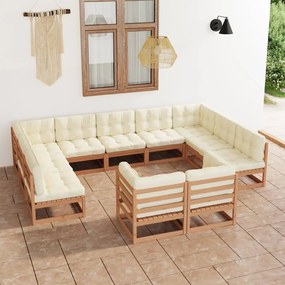 vidaXL 11pcs conj. lounge jardim almofadões pinho maciço castanho mel