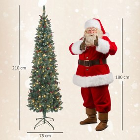 Árvore de Natal Slim 210 cm com Luzes LED 8 Modos de Iluminação 656 Ramos com Purpurina Prateada Pinhas e Bagas Verde