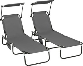 Outsunny Conjunto de 2 espreguiçadeiras dobráveis para jardim com toldo e encosto regulável em 5 níveis, Cinza escuro | Aosom Portugal