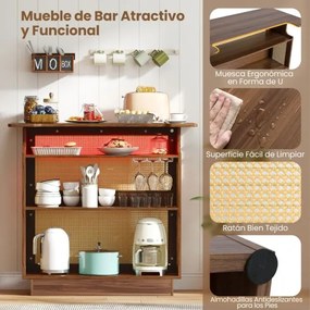 Mesa de bar com luz LED RGB e controlo por aplicação 120 x 55 x 110 cm em rattan com 3 suportes para copos e prateleiras Castanho