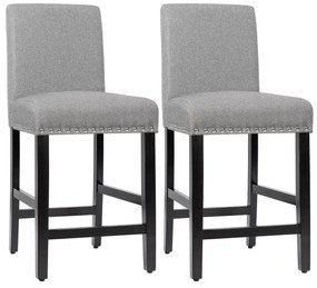 Conjunto de 2 bancos de bar em altura de balcão com pernas de madeira em tecido de linho respirável para cozinha 42,5 x 53 x 96 cm Cinzento