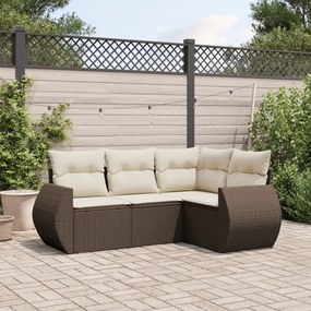 4 pcs conjunto sofás de jardim c/ almofadões vime PE castanho